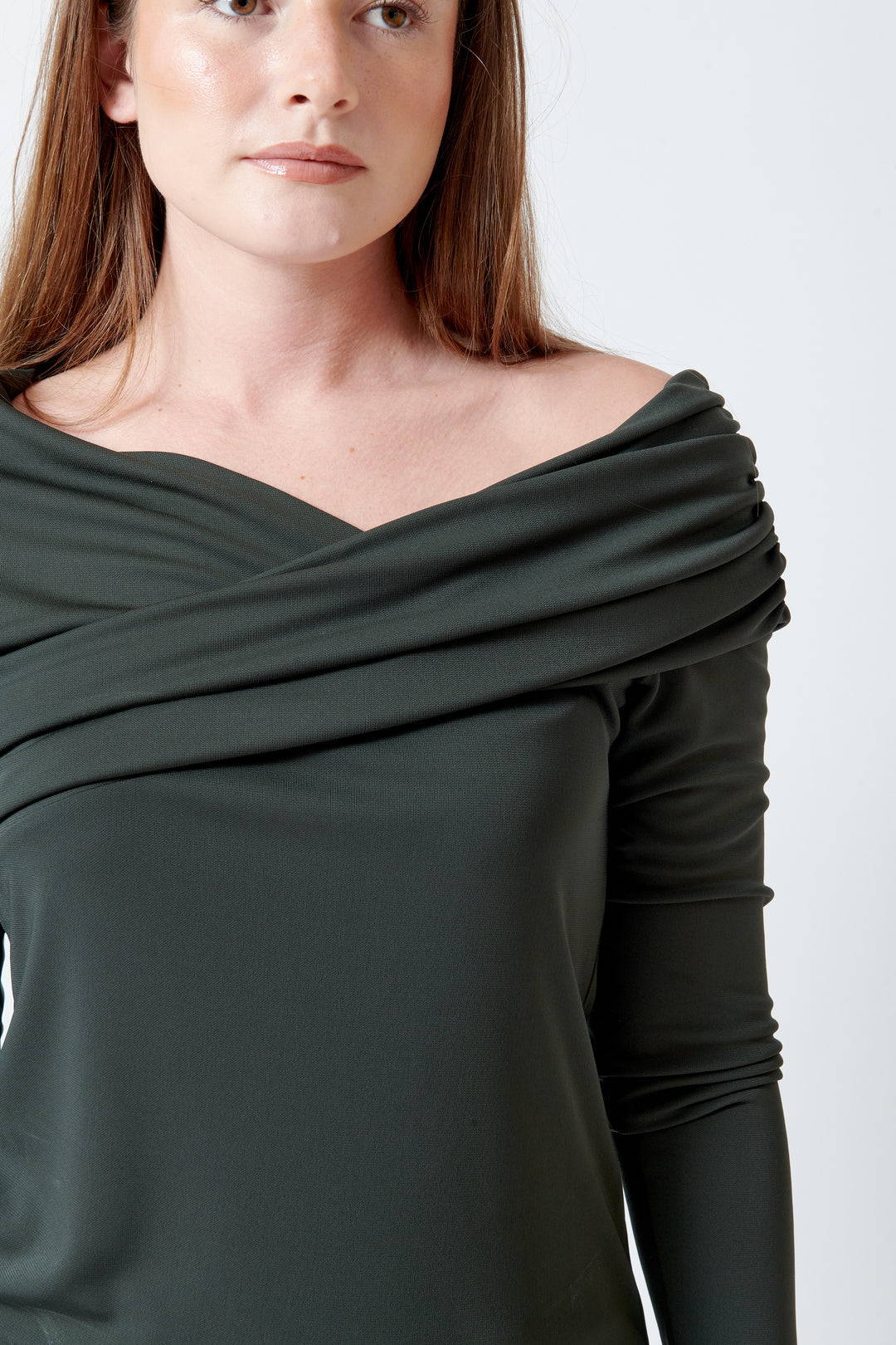 Model wearing Meimeij Nikki Draped Top front/detail view