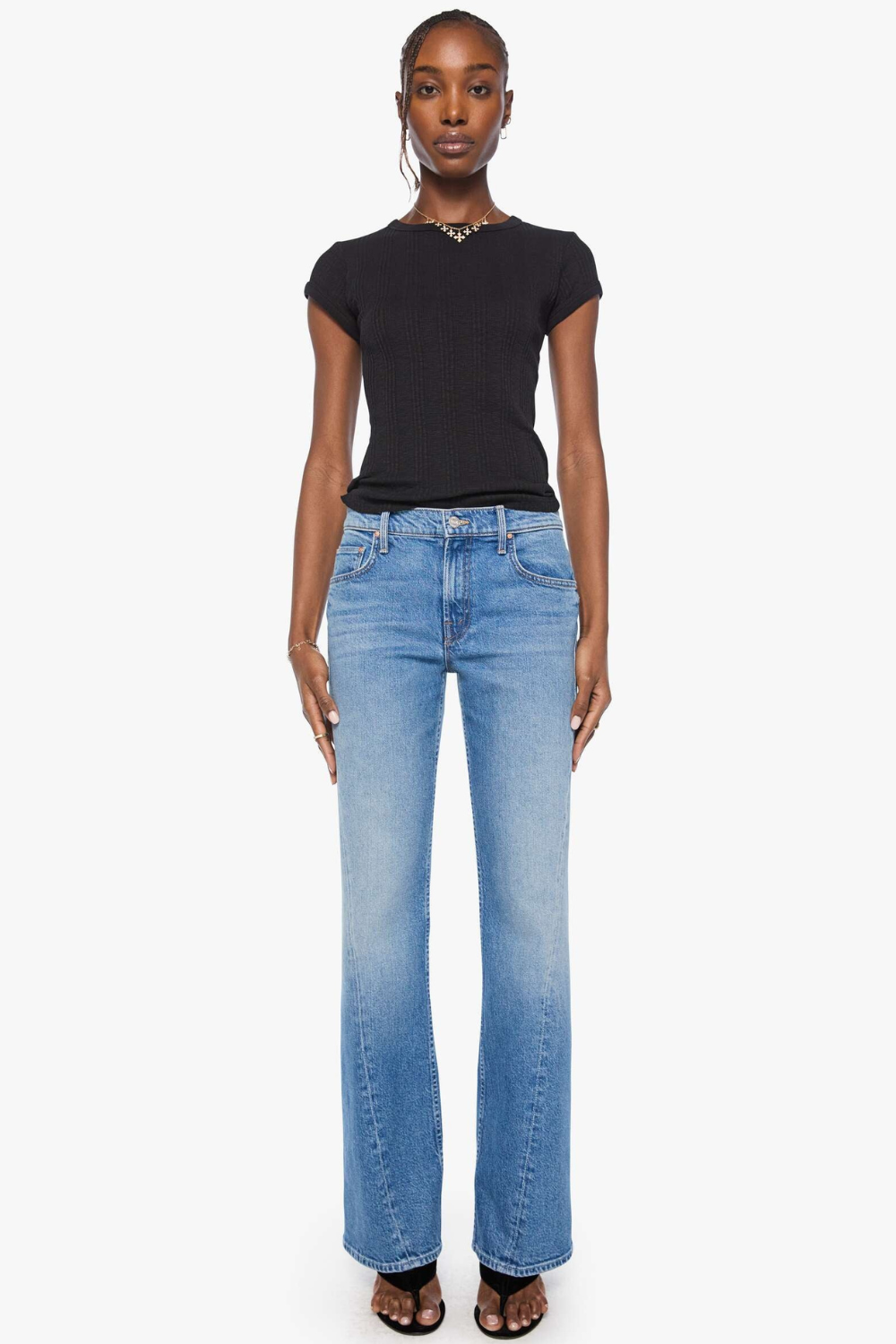 Model wearing Mother Denim The Bookie Twist Skimp front view
