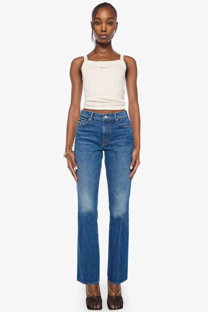 Model wearing Mother Denim The Outsider Sneak front view