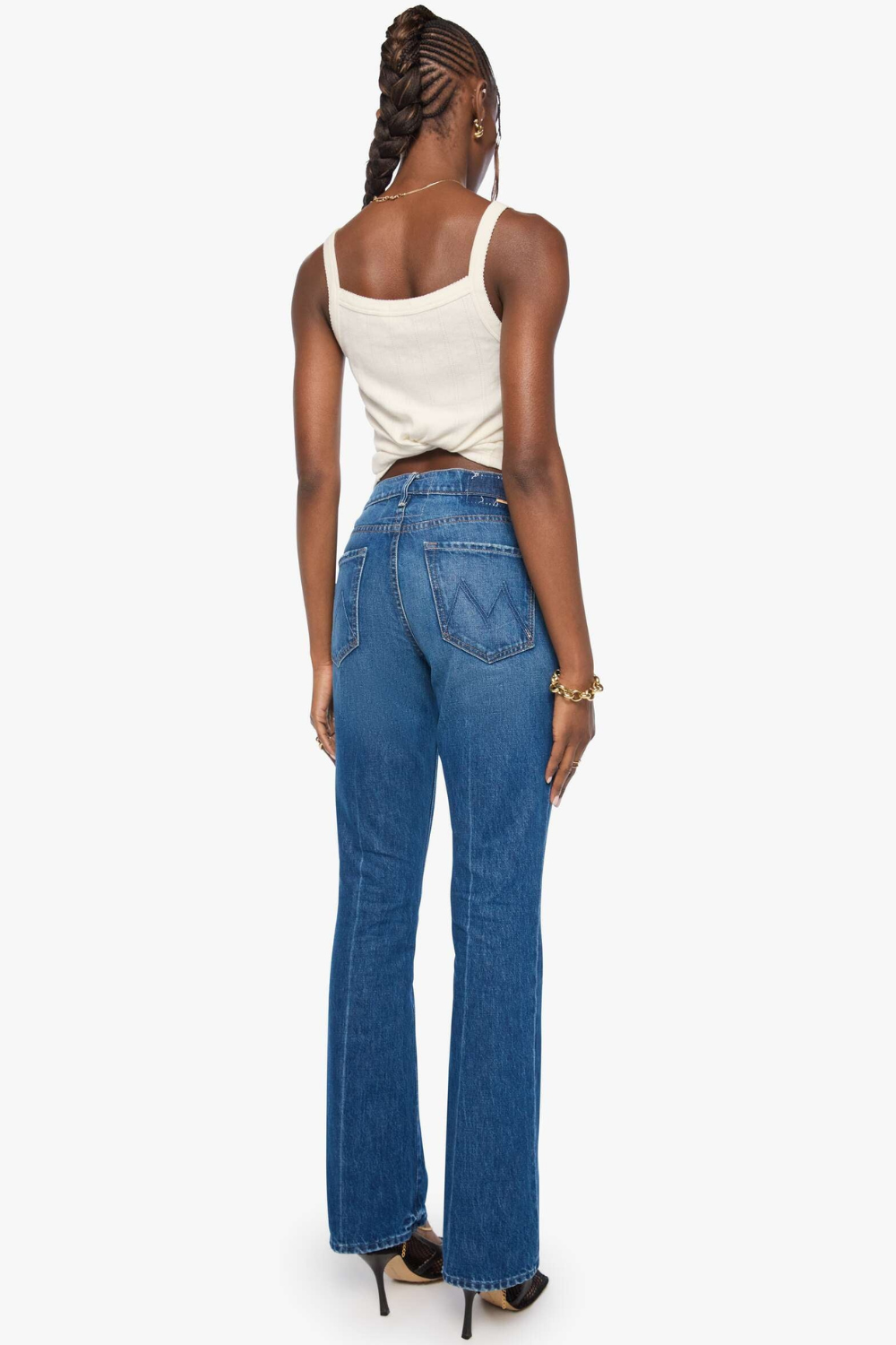Model wearing Mother Denim The Outsider Sneak rear view