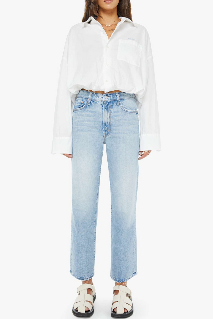 Mother Denim The Rambler Zip Flood on model for Grethen house
