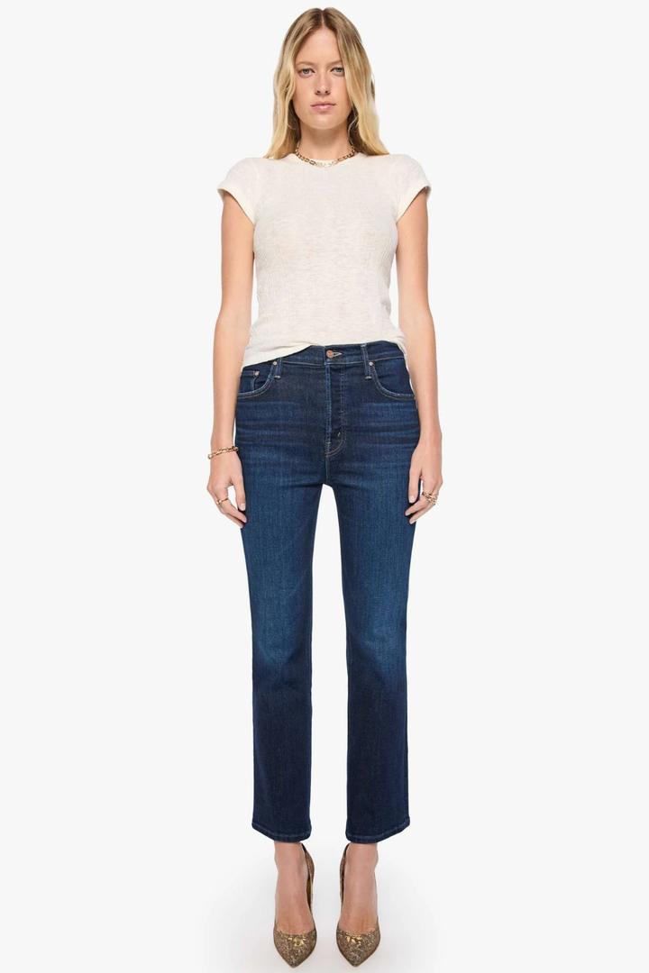 Model wearing Mother Denim The Tripper Flood front view