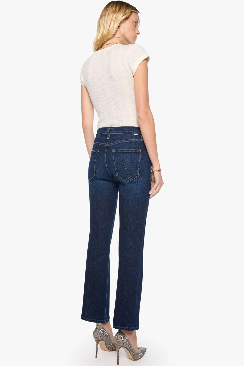 Model wearing Mother Denim The Tripper Flood rear view