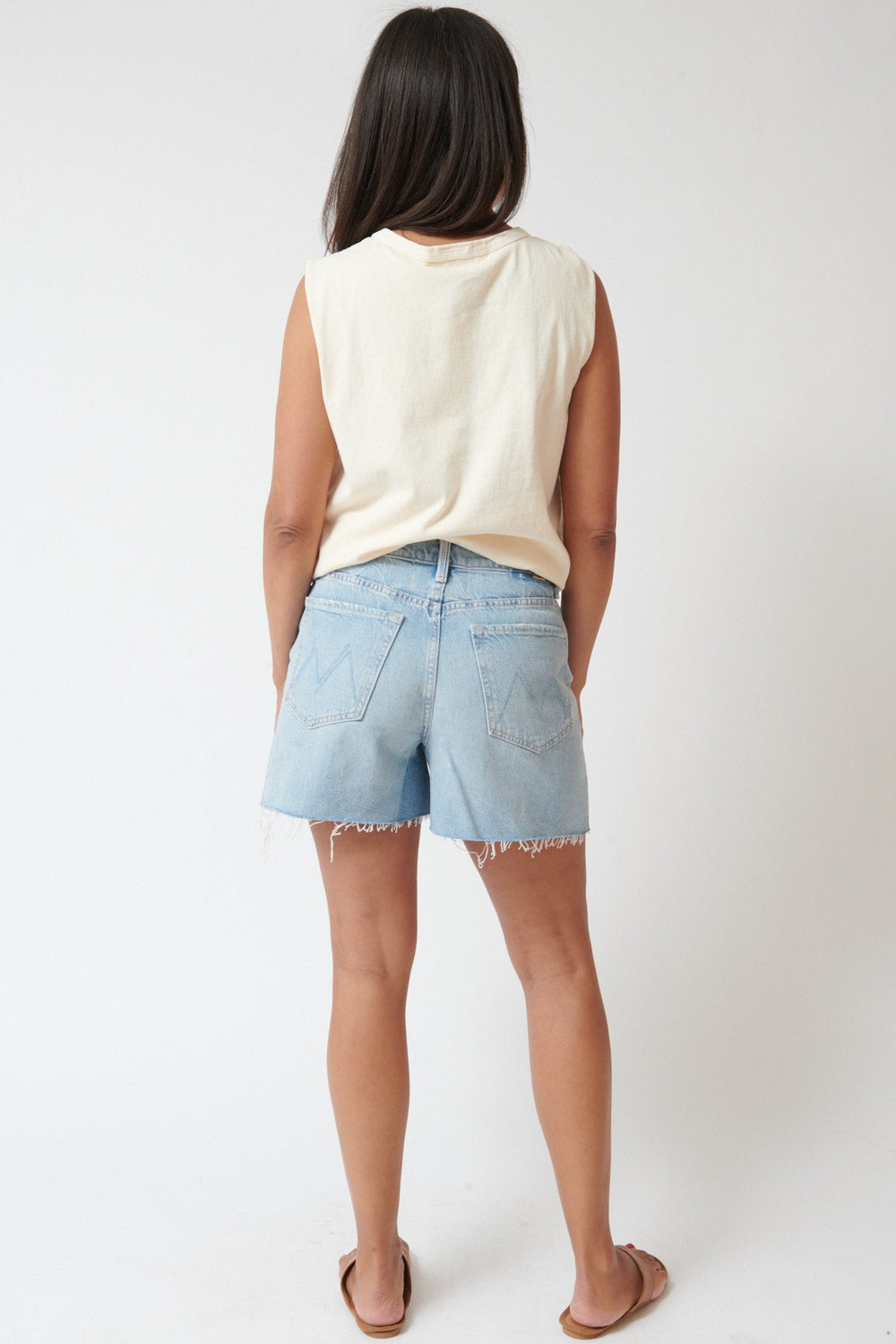 Amanda wearing Mother Denim The Extra Mile Short Fray rear view