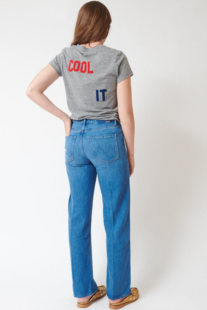 Julia wearing Mother Denim The Mid Rise Lasso Sneak rear view