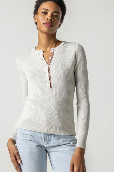 Lilla P Waffle Henley Sweater modeled from the front