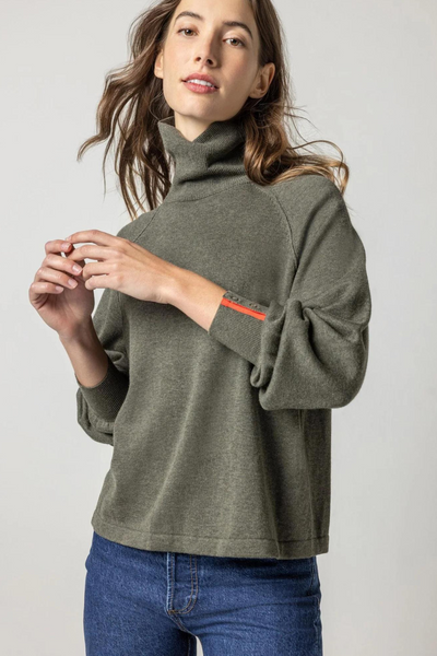 Lilla P Snap Cuff Turtleneck Sweater modeled from the front