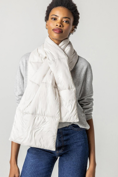 Lilla P Reversible Puffer Scarf on a model facing the camera