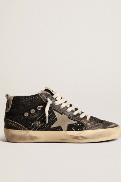 Golden Goose Mid-Star Sneaker in Black Glitter.