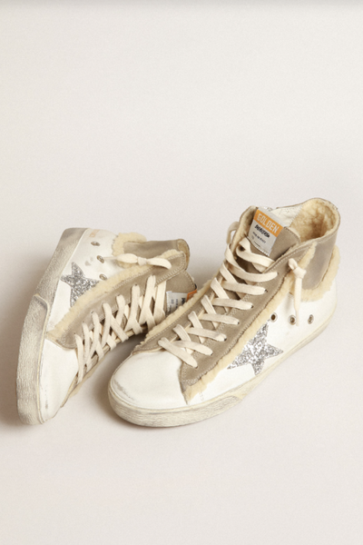 Golden Goose Glitter Star w/ Shearling Outlines & Lining from slightly above one tipped over