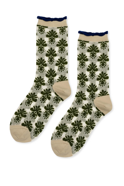 Hansel From Basel Damask Sheer Crew socks laid flat