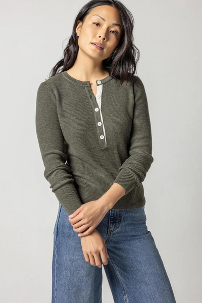 Lilla P Waffle Henley Sweater modeled from the front