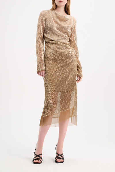 Model front facing wearing Shimmering Dreams Dress Shimmering Gold 