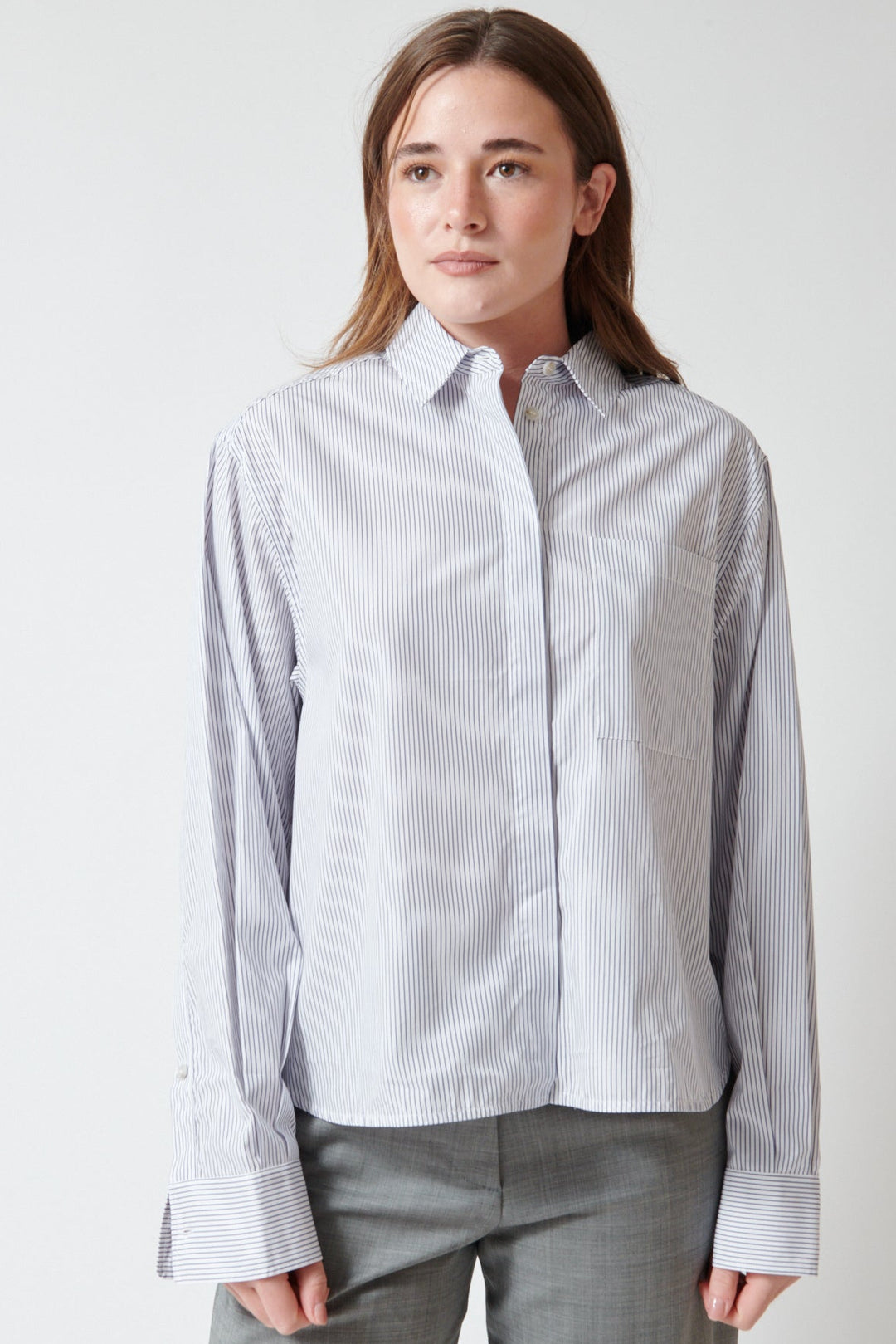 Juia wearing nine:inthe:morning Arizona Shirt Pinstripes front view