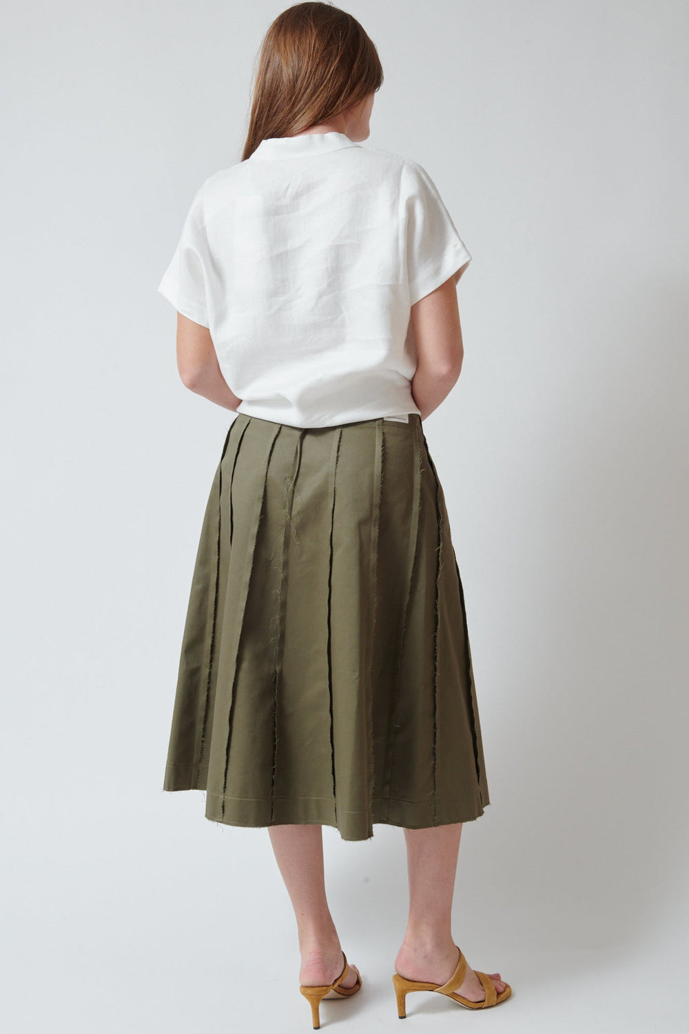Julia wearing nine:inthe:morning Dia Skirt Olive rear view