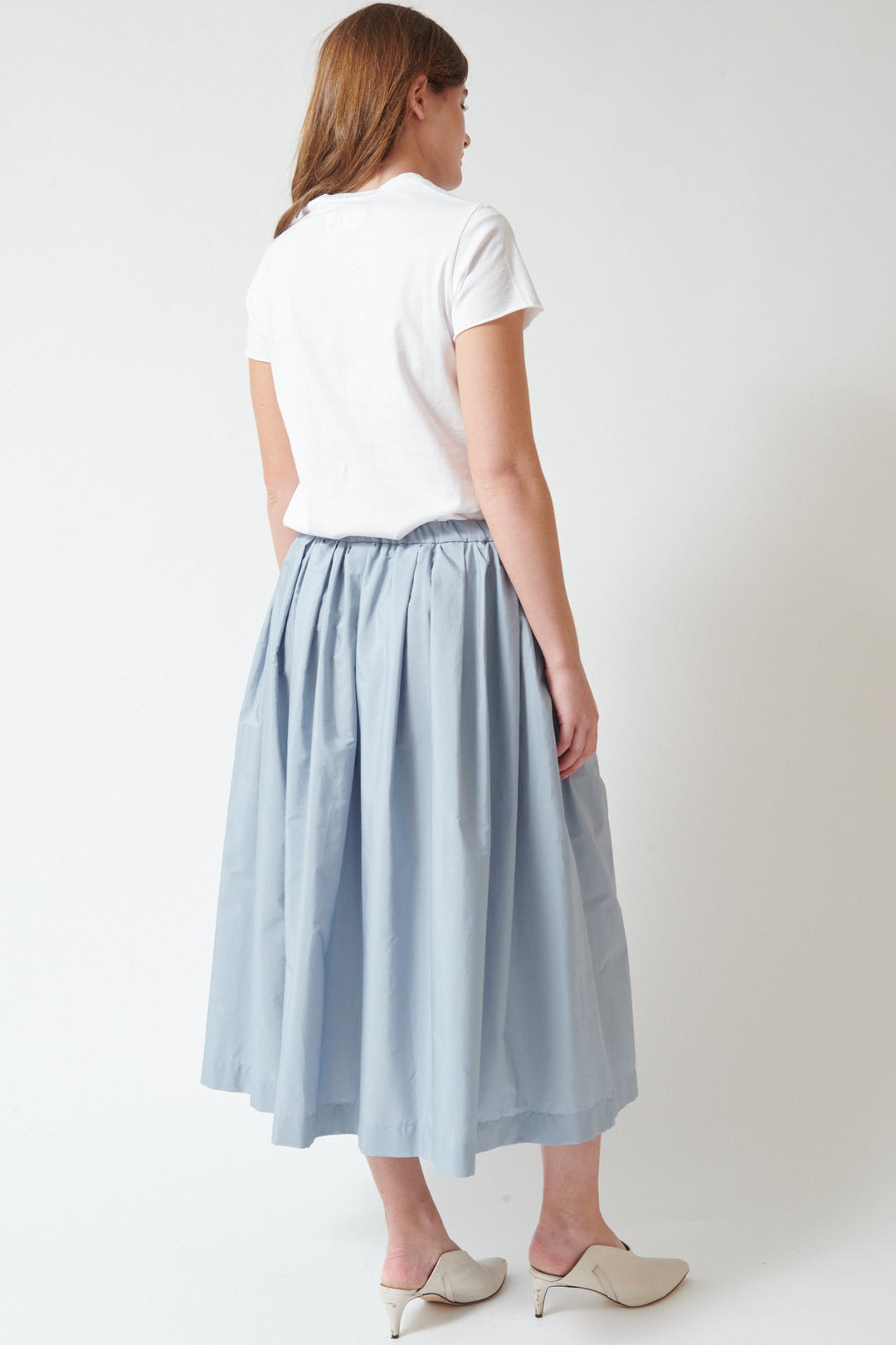 Julia wearing nine:inthe:morning Lilia Skirt Sky Blue rear view