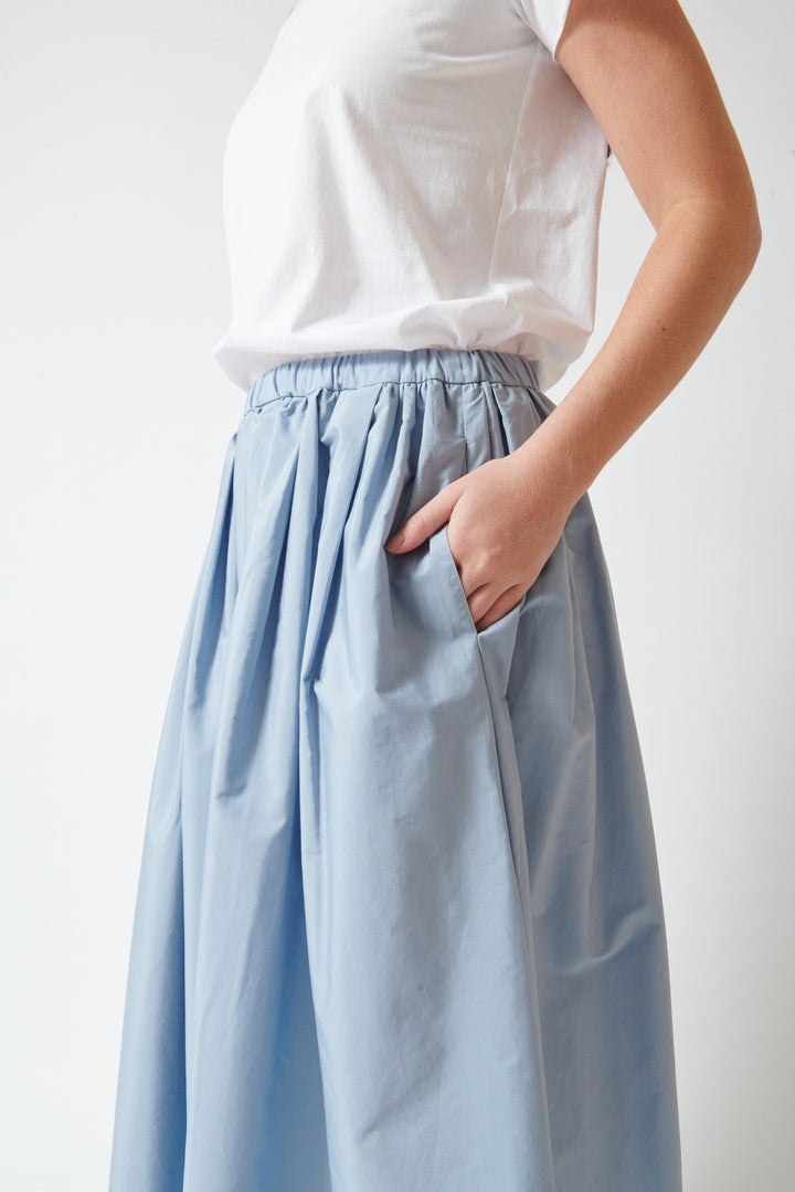 Julia wearing nine:inthe:morning Lilia Skirt Sky Blue side/detail view