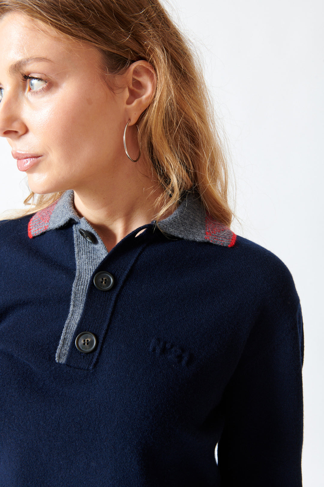 Mari wearing N°21 Grey And Poppy Polo Collar Pullover front/detail view