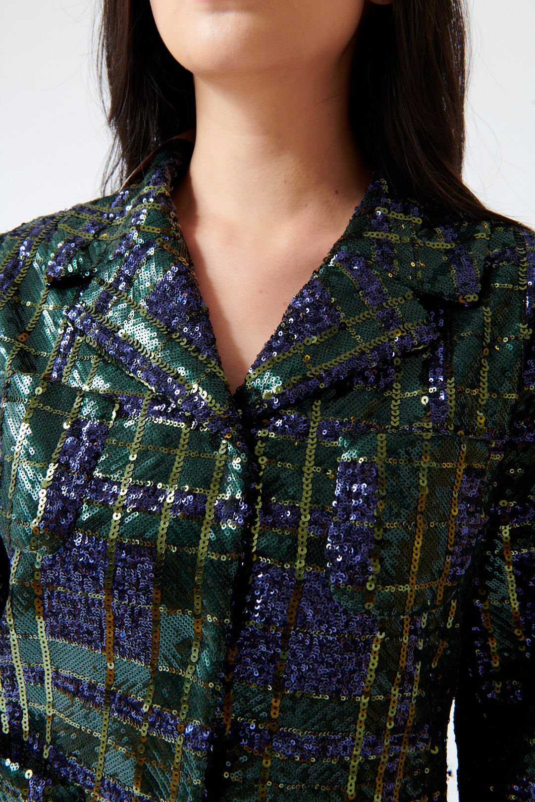 Lilly wearing N°21 Stuck On You Sequin Jacket front detail view