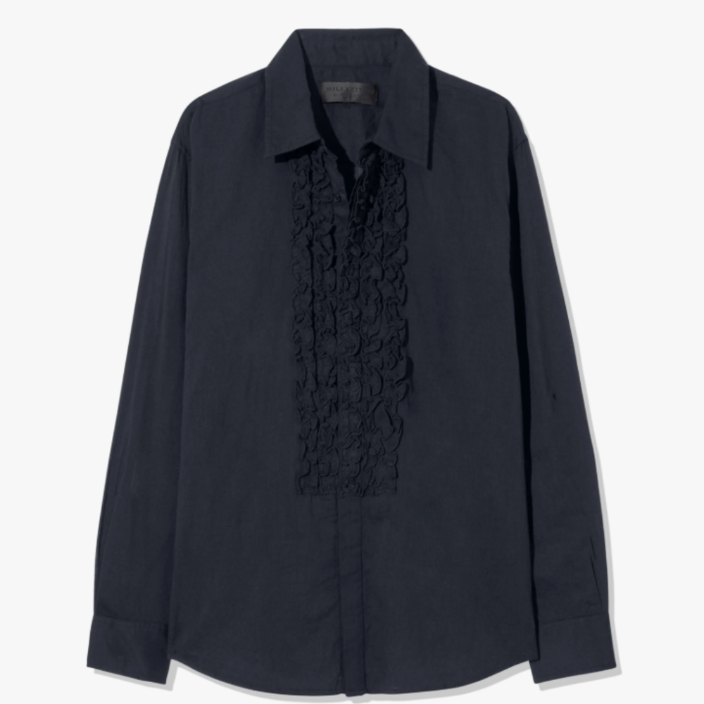 Nili Lotan Nathael Ruffle Shirt with ruffled collar on a white background Grethen House