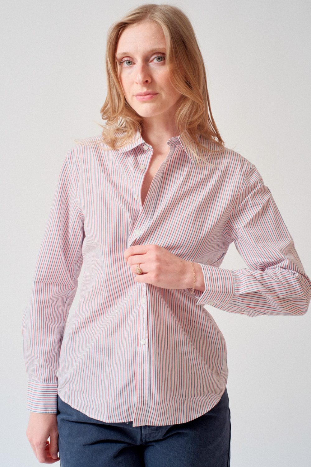 Madi wearing Nili Lotan Raphael Classic Shirt front view