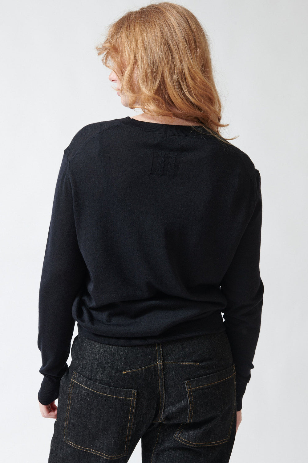 Waverly wearing Nili Lotan Verit Sweater Midnight rear view