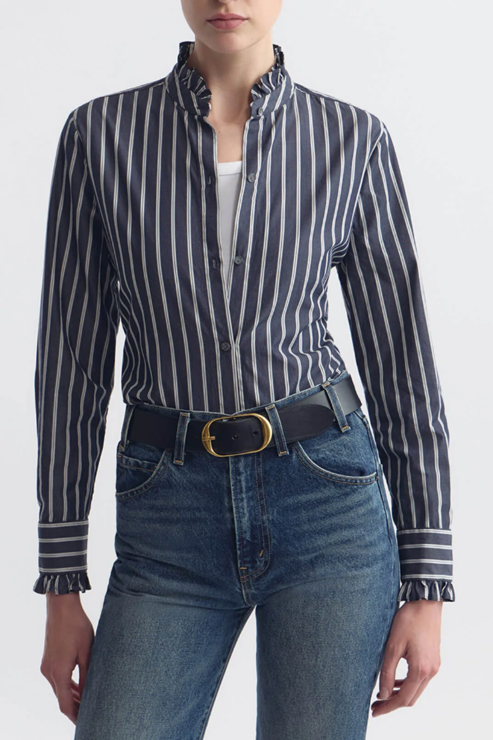 Nili Lotan Striped button up ruffle collar shirt at Grethen House