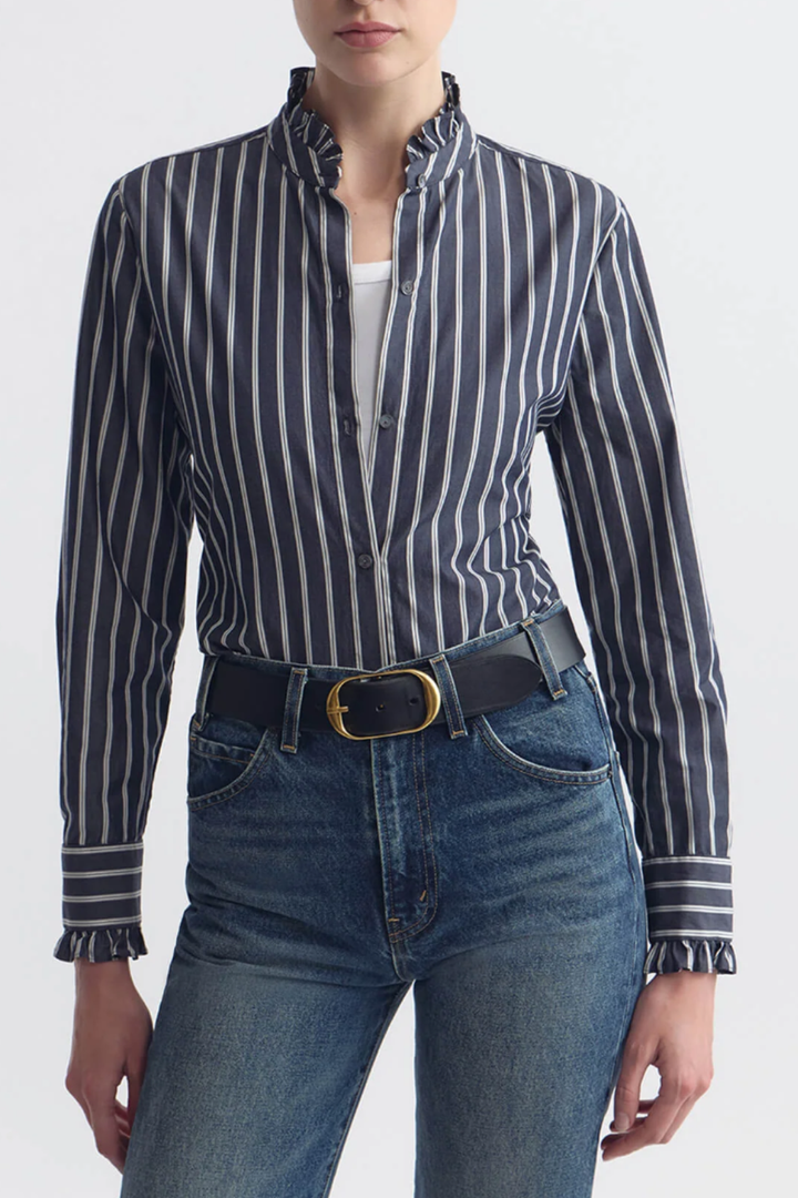 Nili Lotan Striped button up ruffle collar shirt at Grethen House