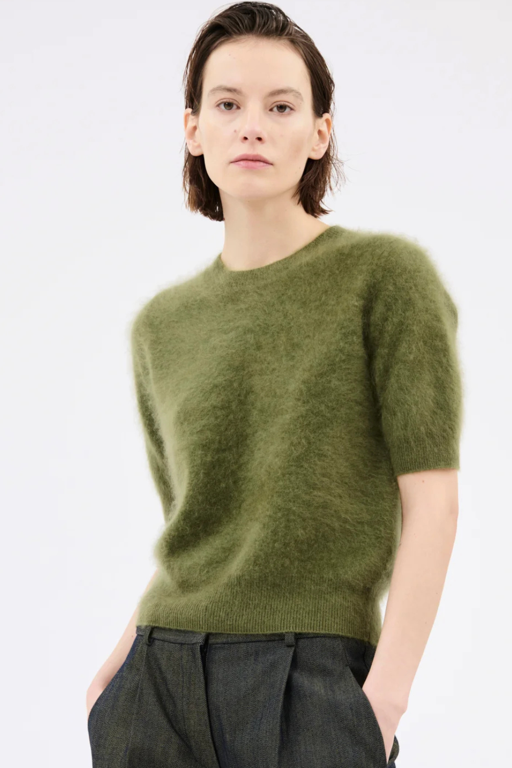 Model wearing Odeeh Brushed Cashmere Mid Sleeve Sweater Moss front view