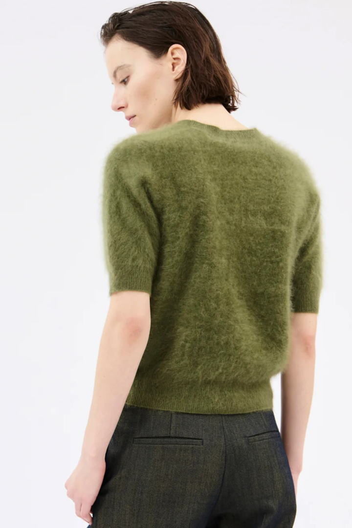 Model wearing Odeeh Brushed Cashmere Mid Sleeve Sweater Moss rear view