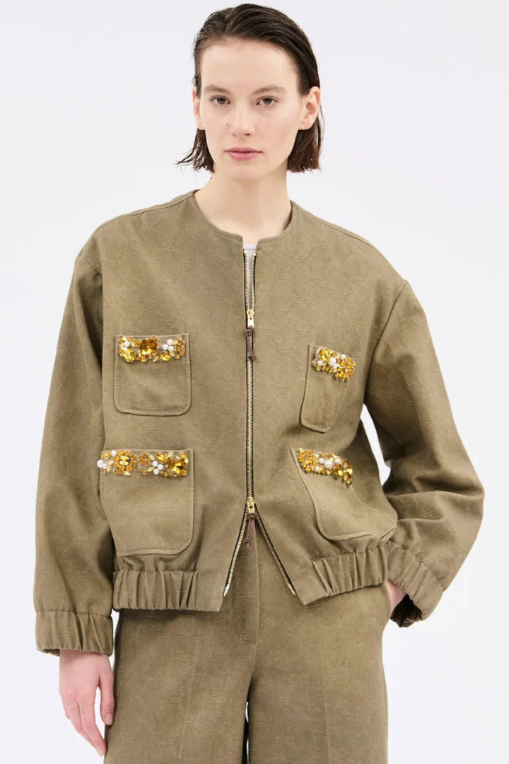 Model wearing Odeeh Cotton Damask Bejeweled Zip Jacket front view