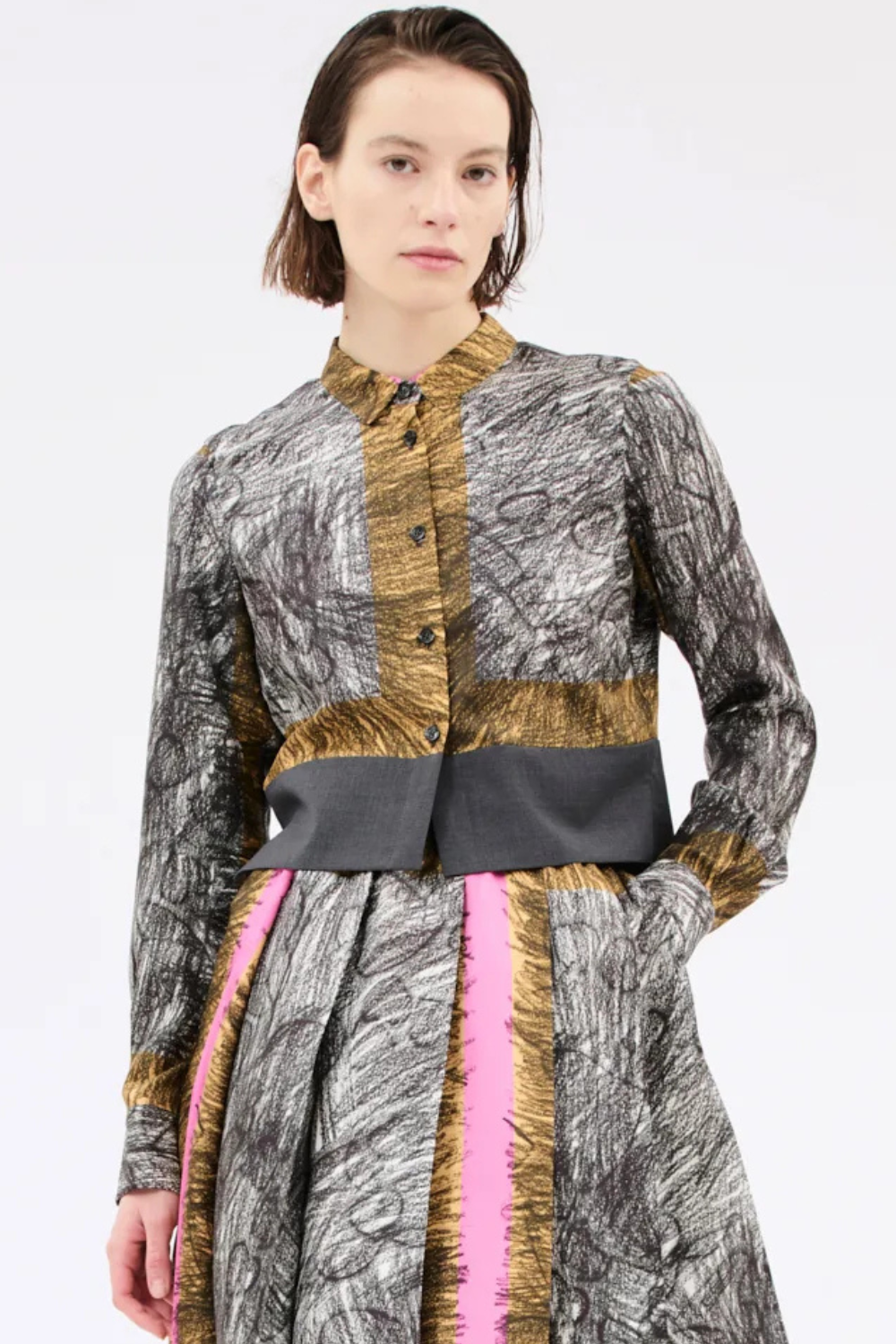 Model wearing Odeeh Foulard Scribbles Blouse front view