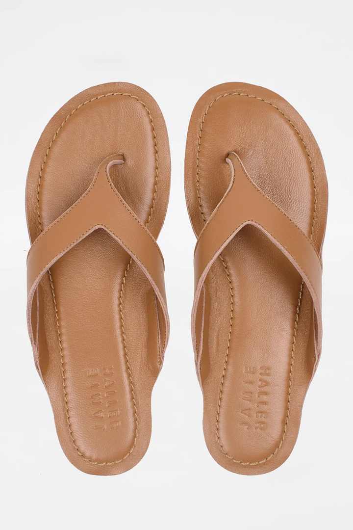 Flat lay of Jamie Haller The San Diego Sandal Camel top view