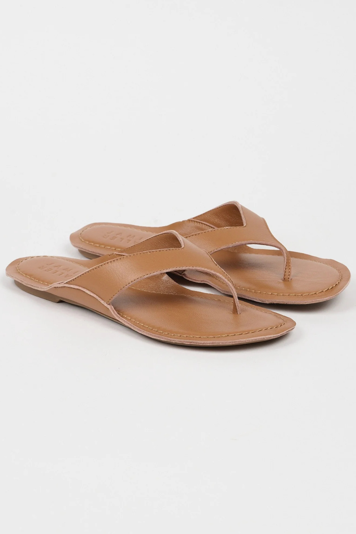 Flat lay of Jamie Haller The San Diego Sandal Camel front/side view