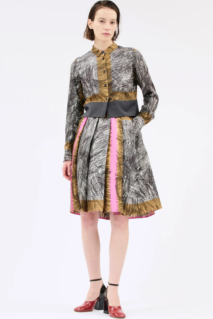 Model wearing Odeeh Foulard Scribbles Skirt Black White front view