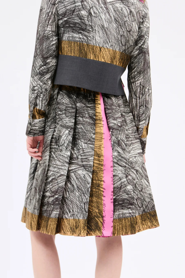 Model wearing Odeeh Foulard Scribbles Skirt Black White rear view