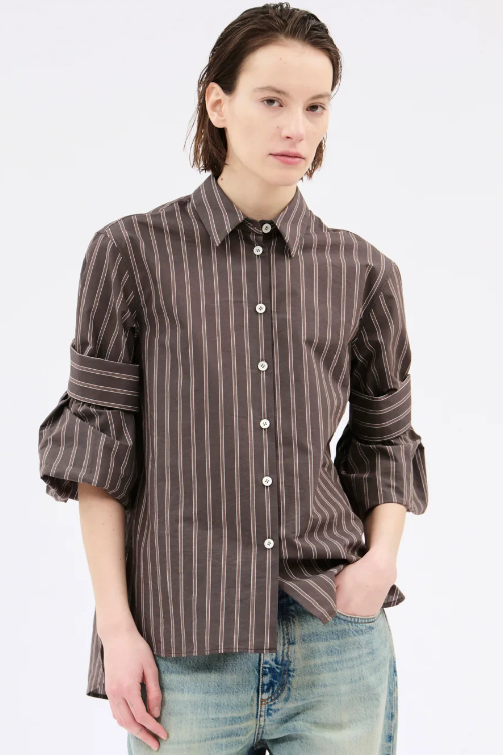 Model wearing Odeeh Mens Stripe Feature Sleeve Shirt Toffee front view