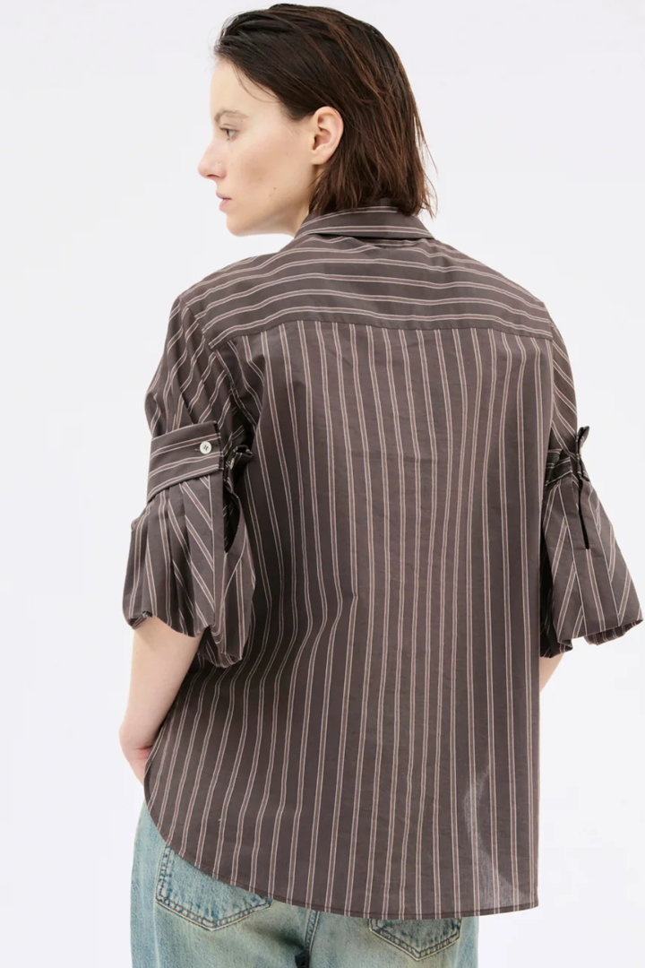 Model wearing Odeeh Mens Stripe Feature Sleeve Shirt Toffee rear view