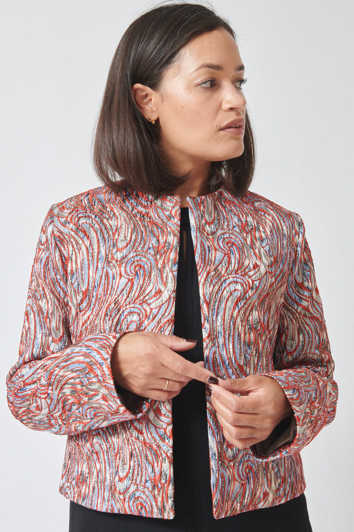 Model wearing Odeeh Paisley Waves Jacket front view
