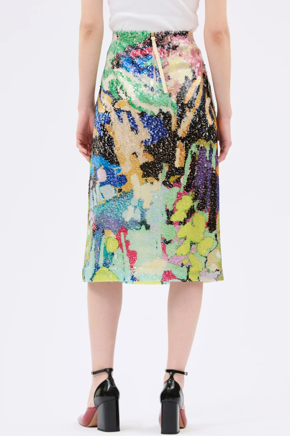 Model wearing Odeeh Sequin Floral Skirt rear view