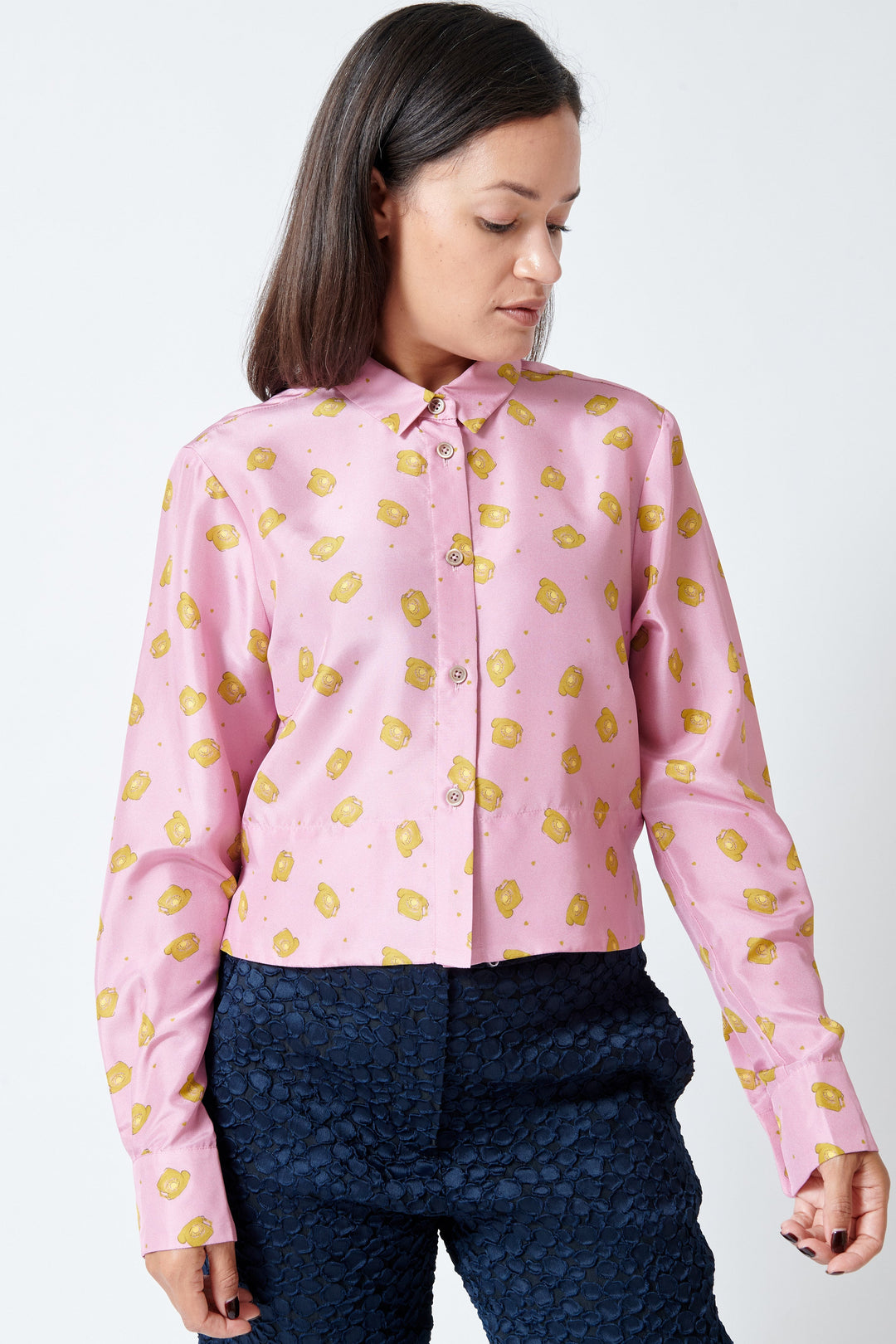 Model wearing Odeeh Silk Telephones Blouse front view