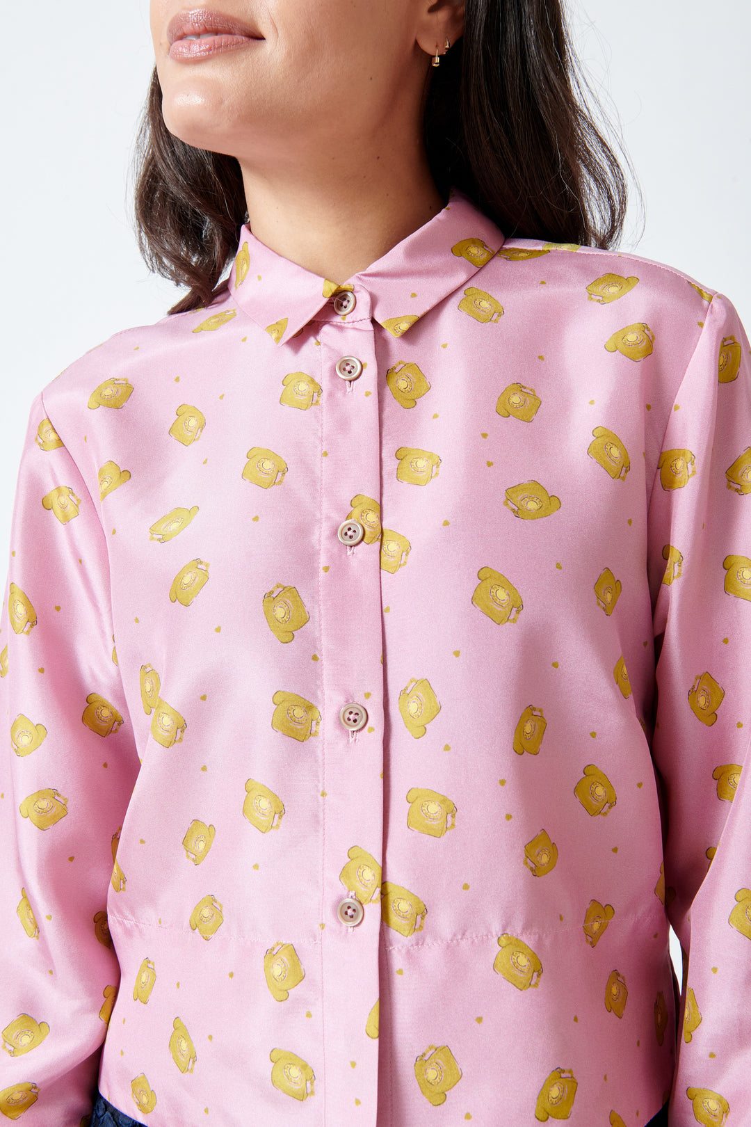 Model wearing Odeeh Silk Telephones Blouse front detail view