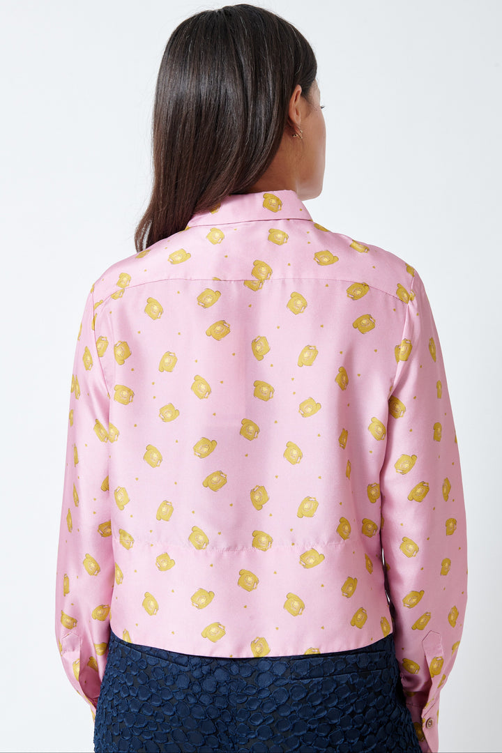 Model wearing Odeeh Silk Telephones Blouse rear view