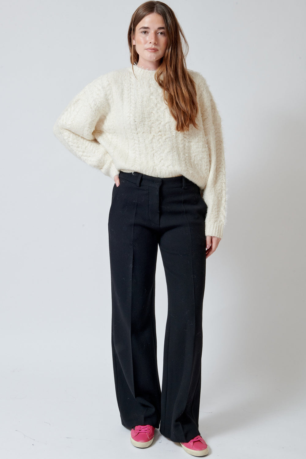 Model wearing Odeeh Heavy Georgette Pants front view