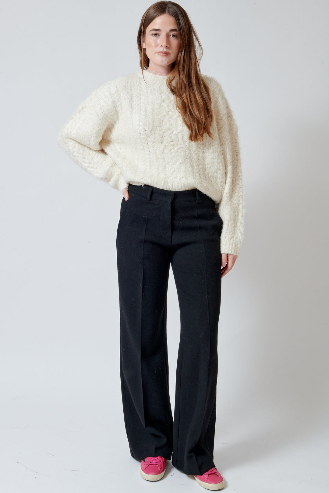 Model wearing Odeeh Heavy Georgette Pants front view