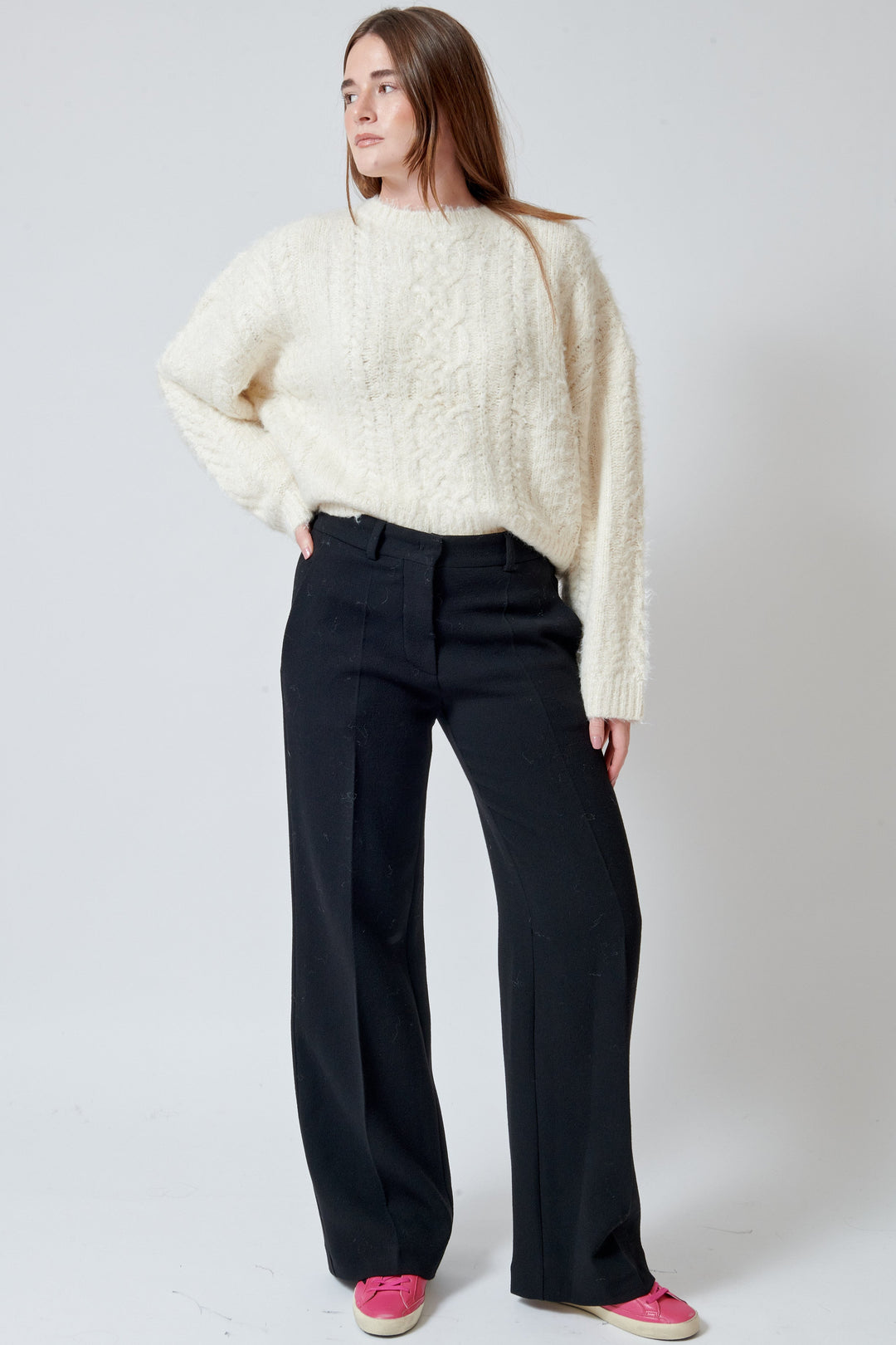 Model wearing Odeeh Heavy Georgette Pants front view