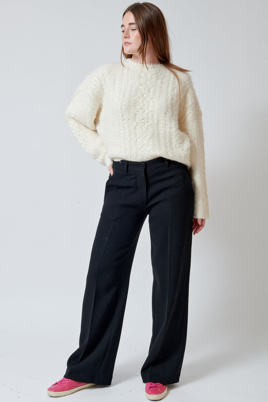 Model wearing Odeeh Heavy Georgette Pants front view
