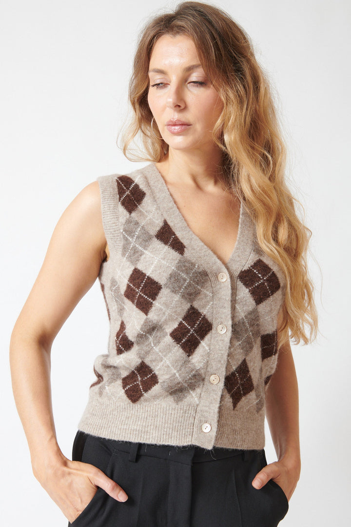 Mari wearing P.A.R.O.S.H. Lamb Vest front view