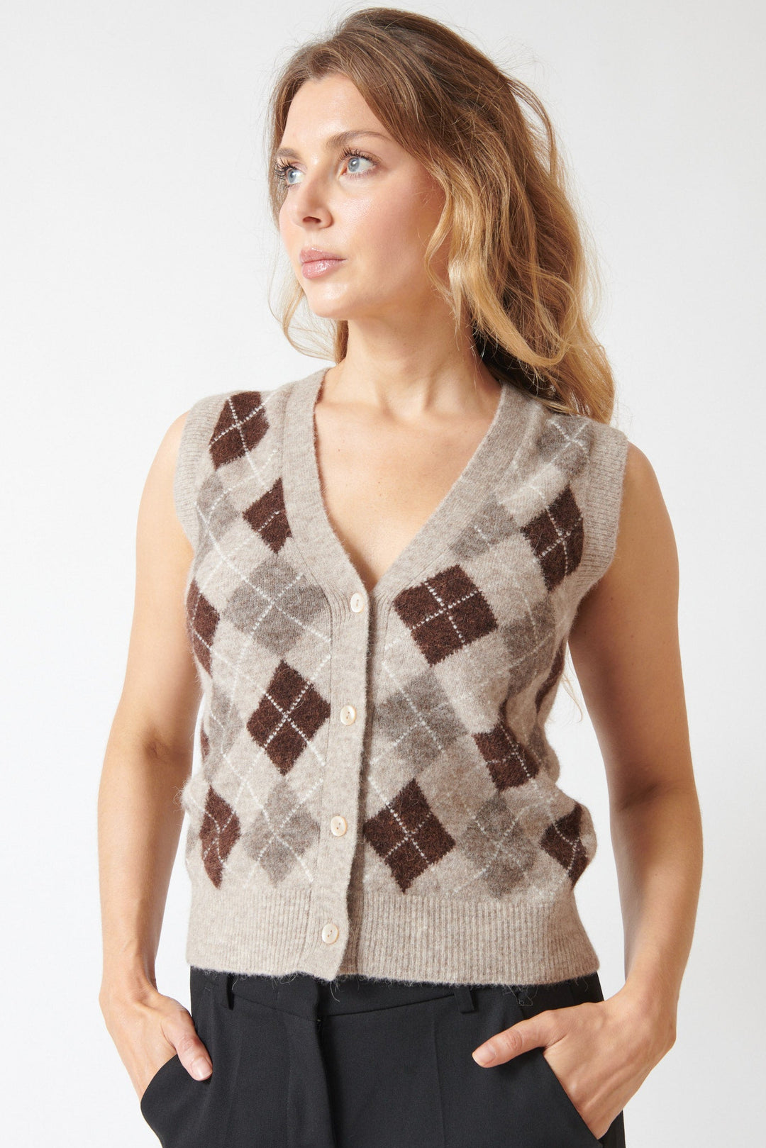 Mari wearing P.A.R.O.S.H. Lamb Vest front view