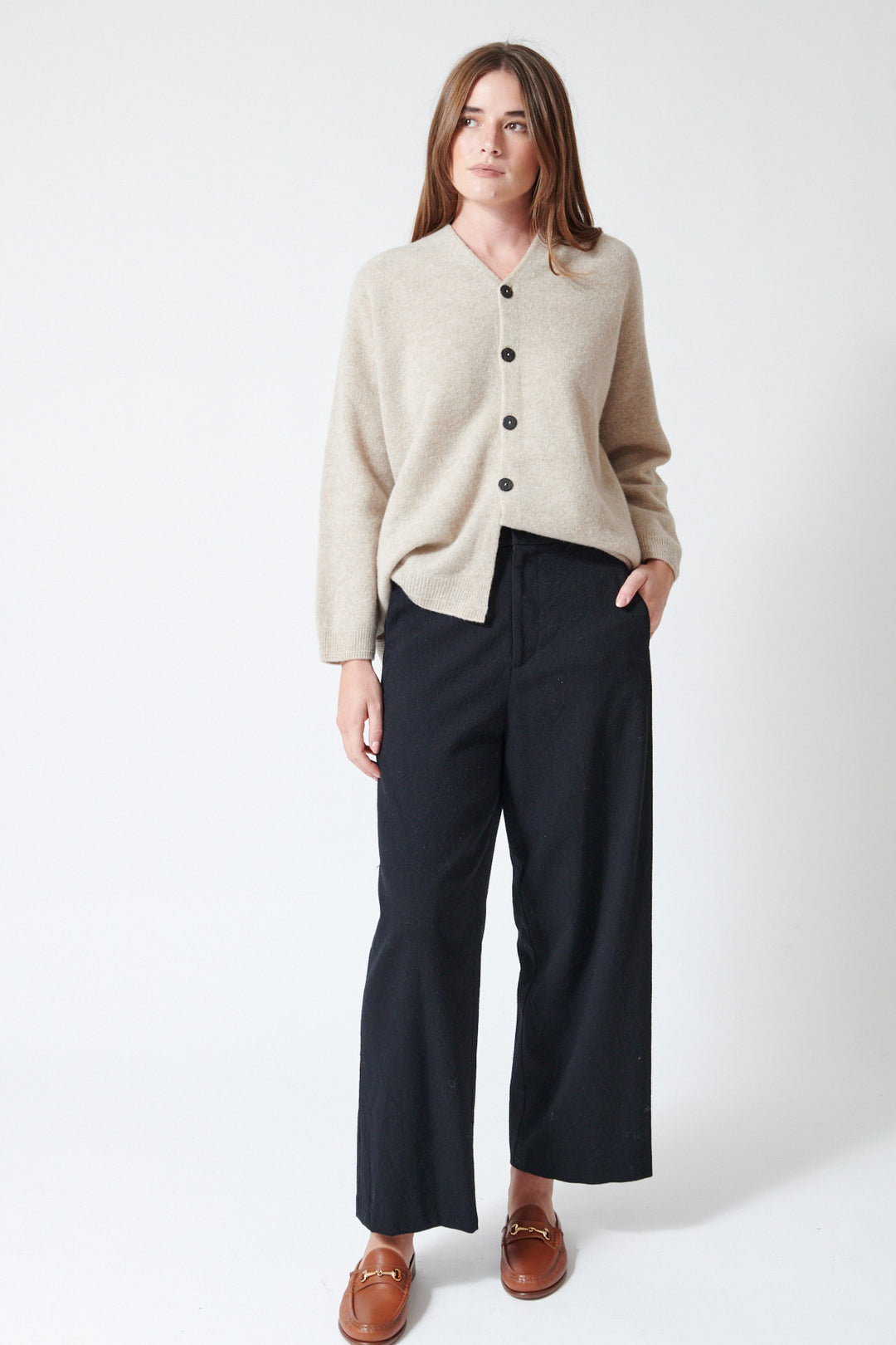 Julia wearing Pas de Calais Mulesing Free Wool Cotton Wide Pants in Black, front view.